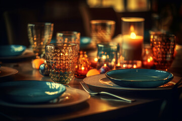 Fototapeta na wymiar Elegant table setting with candles in restaurant. Selective focus. Romantic dinner setting with candles on table in restaurant. 