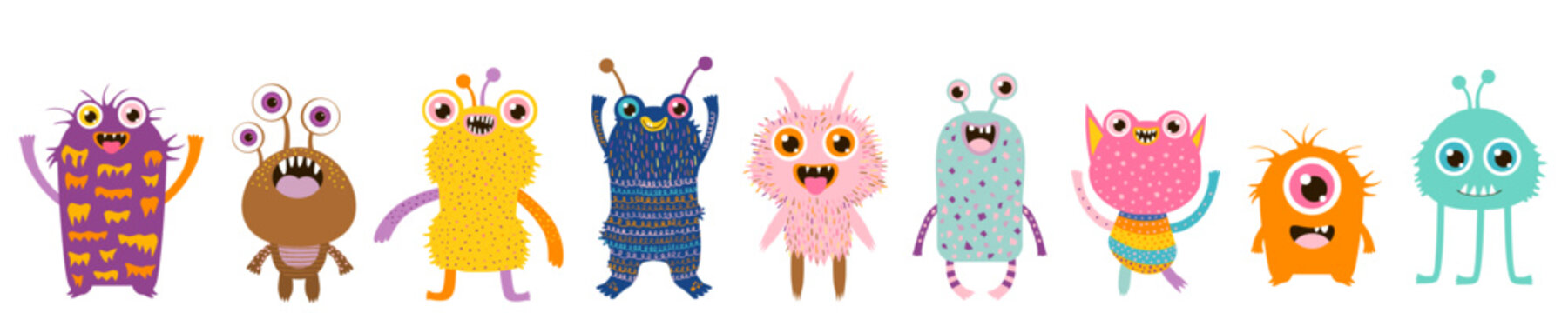 Vector set with colorful cartoon monsters, cute alien creatures with silly faces for Halloween, birthday party and invitation designs