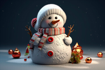 Obraz premium Christmas cute snowman. Merry christmas and happy new year greeting card. Traditions and celebrations. Winter wonderland atmosphere. Image for travel agency, shopping mall, advertising