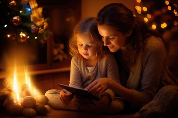 Christmas, family gathered to celebrate the holiday of Christmas, giving gifts, sitting by the fireplace, Christmas interior decorations. Winter atmosphere, warm attitude, carefree feeling