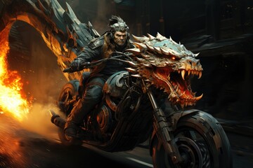 Biker with a big dragon on a motorcycle in the city. Created with Generative AI tools