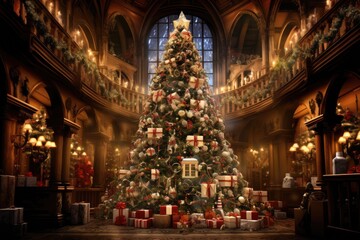 Fototapeta na wymiar Christmas tree in the interior of the gothic library with Christmas gifts. Created with Generative AI tools