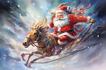 Digital painting of Santa Claus riding on a sleigh. Christmas background. Created with Generative AI tools