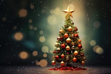 Christmas tree with golden star and red baubles on dark background. Created with Generative AI tools
