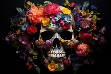 Day of The Dead sugar skull with colorful flowers on black background. Created with Generative AI tools