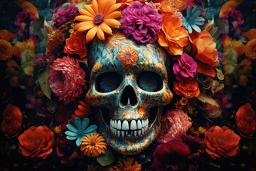 Mexican Day of the Dead skull with colorful flowers on dark background. Created with Generative AI tools