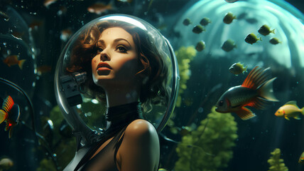 Obraz na płótnie Canvas Woman in Underwater City Retro Futuristic