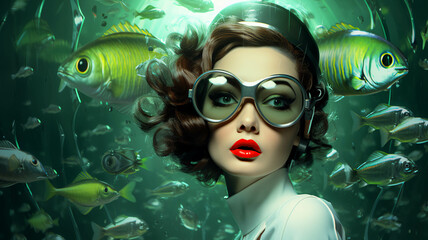 Woman in Underwater City Retro Futuristic