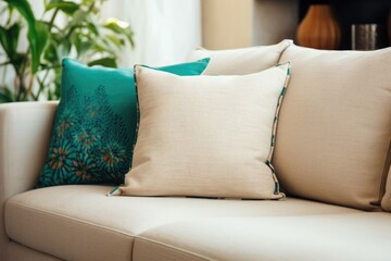 Close up details of beige sofa with cushions in the contemporary living room interior
