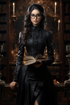 Portrait of an attractive young girl librarian, library worker dressed in black clothes, books gaining knowledge , strict attire, glasses, black lace dresses