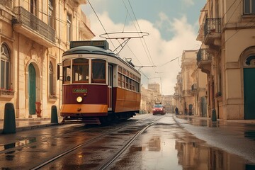 Historic tram passing through ancient city streets. Generative AI
