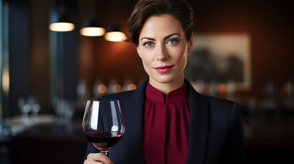 a sophisticated woman sommelier holds a glass of wine up to the light, her discerning gaze and confident smile illustrating her refined palate