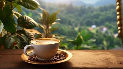 cup of delicious coffee and coffee beans, blurred mountains background