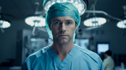 a skilled male surgeon stands in an operating room, his focused expression and precise hand movements reflecting his years of training