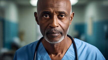 a dedicated healthcare worker donning scrubs and a stethoscope, his compassionate gaze reflecting the tireless commitment to healing and caring for those in need. - obrazy, fototapety, plakaty