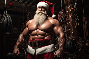 Fototapeta na wymiar Portrait of a brutal Santa Claus in a gym. Christmas. Created with Generative AI tools