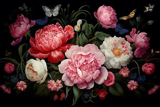 Exquisite floral arrangement with elegant patterns and insects on a dark backdrop. Delicate peonies, roses, and garden flowers form a captivating decoration. Generative AI