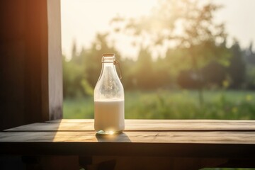 A milk bottle on a wooden table with a morning farming background. Generative AI
