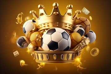 3D rendered illustration of a golden sports banner with a crown and icons representing football, soccer, and basketball. Generative AI