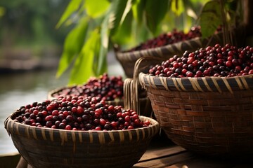Acai berries in straw baskets on a red boat amidst Amazon rainforest trees. Environment, conservation, biodiversity, healthy food, ecology, agriculture. Generative AI - obrazy, fototapety, plakaty