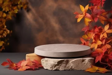 Gordijnen Brown stone round podium platform showcase stand for cosmetic, beauty product presentation. Autumn colorful fall leaves in background. Front view © vejaa