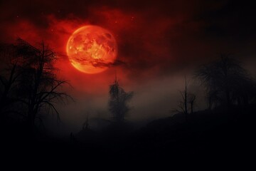 Red moon ascends over foggy night sky. Generative AI