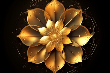Sacred golden flower with cosmic stars on black background. Symbolizes spirituality and ancient sacred geometry. Generative AI