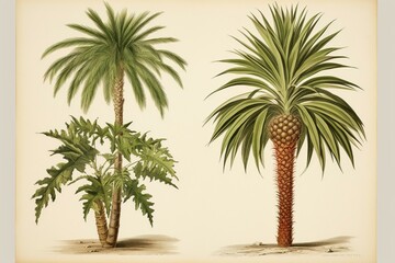 Two types of palm plants portrayed in a vintage illustration. Generative AI - obrazy, fototapety, plakaty