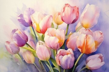 lovely watercolored tulips. Generative AI