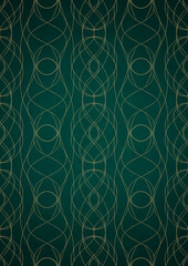 Hand-drawn unique abstract gold ornament on a dark green cold background, with vignette of darker background color. Paper texture. Digital artwork, A4. (pattern: p10-1e)