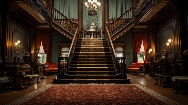 Brown dark wooden mansion. Entry of luxury home. High quality indoor.