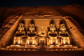 Night view of Pharaoh Ramses II's statue in front of his grand temple in Abu Simbel. Generative AI - obrazy, fototapety, plakaty