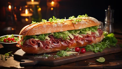 Fotobehang Jambon Beurre: French sandwich filling a baguette with slices of ham and creamy butter, adding a touch of freshness with lettuce and cornichons (small pickles) © PGS