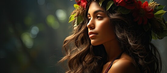 Tropical beauty girl with flower crown promotes floral cosmetics with a natural jungle vibe With copyspace for text