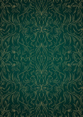Hand-drawn unique abstract gold ornament on a dark green cold background, with vignette of darker background color. Paper texture. Digital artwork, A4. (pattern: p11-1d)