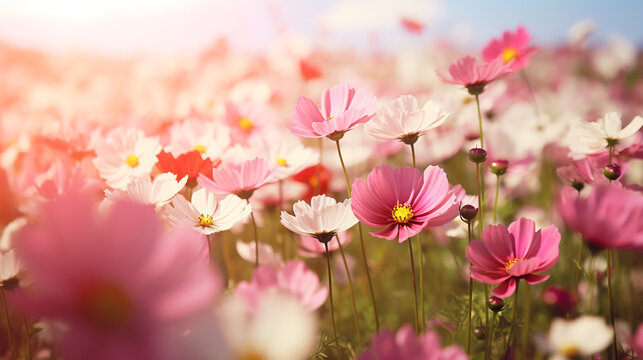 Flower field in sunlight, spring or summer garden background in closeup macro. Flowers meadow field 