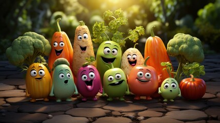 Vegetables fruit cartoon personality character, funny dietary ingredients of proper food, cute and funny products, grocery with human facial features .