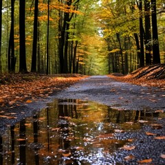 Autumn forest with foreground puddle