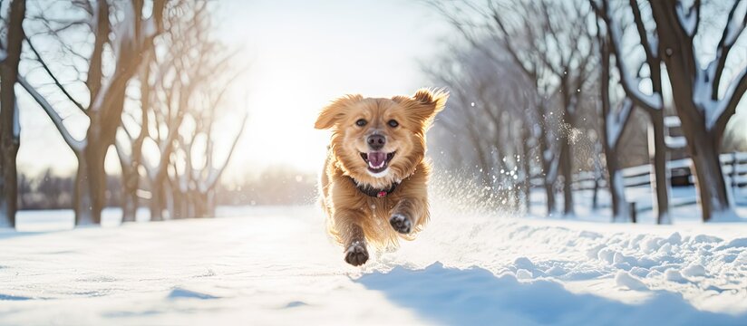 Joyful dog in coat running and playing in snowy park on sunny winter day With copyspace for text