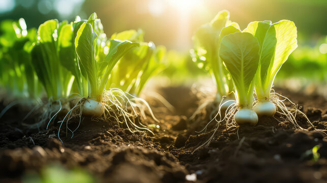 Close-up of vegetables growing in the garden. The concept of agriculture, farming and growing natural organic produce. 