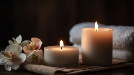 Obraz na płótnie Canvas Spa salon. Spa supplies, burning candle and flower on table in beauty salon