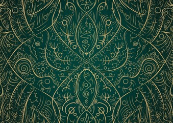 Hand-drawn unique abstract gold ornament on a dark green cold background, with vignette of darker background color and splatters of golden glitter. Paper texture. A4. (pattern: p08-2a)