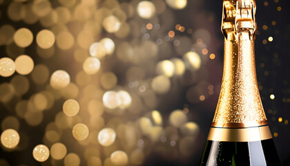 champagne bottle with blurred gold color background on New Year/Christmas celebration day