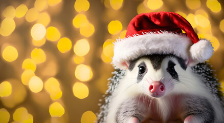 Funny possum in a Santa hat with a yellow out of focus background