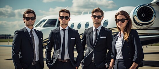 Corporate staff flying in a private plane With copyspace for text