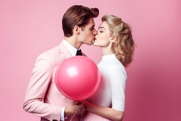 échange d'un baiser, symbole de l'union d'un jeune homme et d'une jeune femme et tenant un ballon pour la Saint-Valentin.
