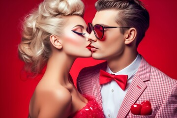baiser sophistiqué et tendance symbole de la Saint-Valentin entre un jeune homme et une jeune femme modernes et à la mode. - obrazy, fototapety, plakaty