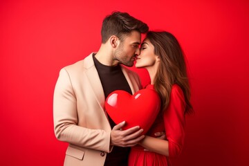 baiser tendre d'un couple de jeunes amoureux tenant un ballon cœur à la main, s'embrassant à la Saint-Valentin sur fond rouge.