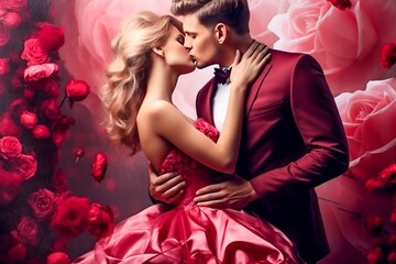 baiser d'un couple de jeunes amoureux sophistiqués pour la Saint-Valentin sur fond de fleurs roses. - obrazy, fototapety, plakaty