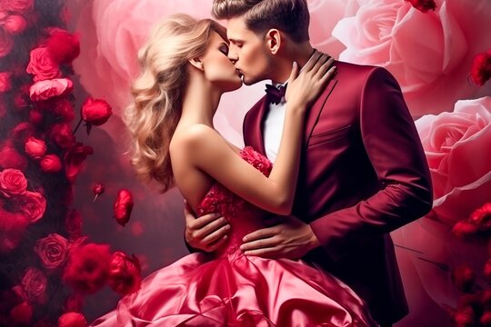 baiser d'un couple de jeunes amoureux sophistiqu&eacute;s pour la Saint-Valentin sur fond de fleurs roses.